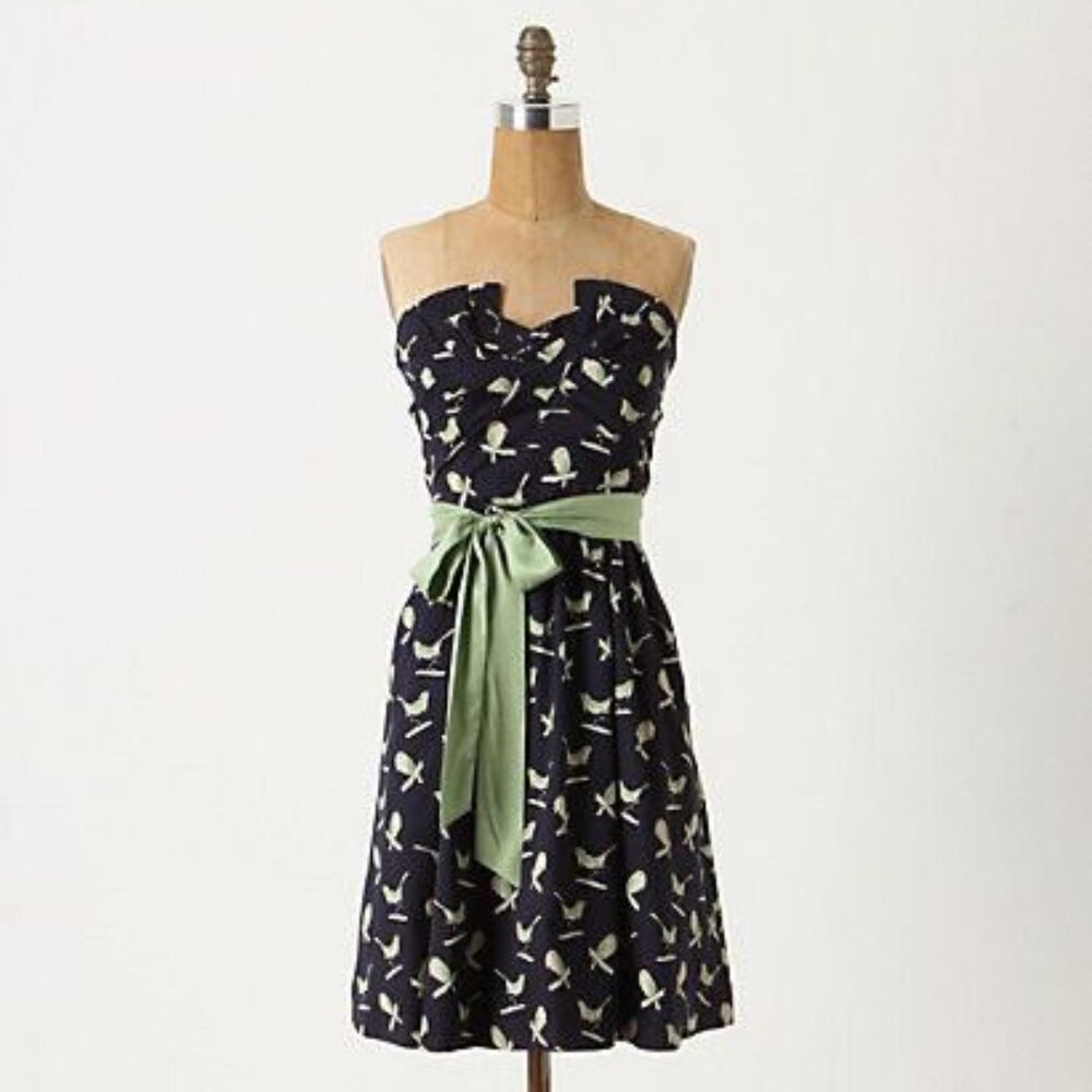 Porridge "Sing Sweetly" Navy Blue Bird Print Strapless Dress